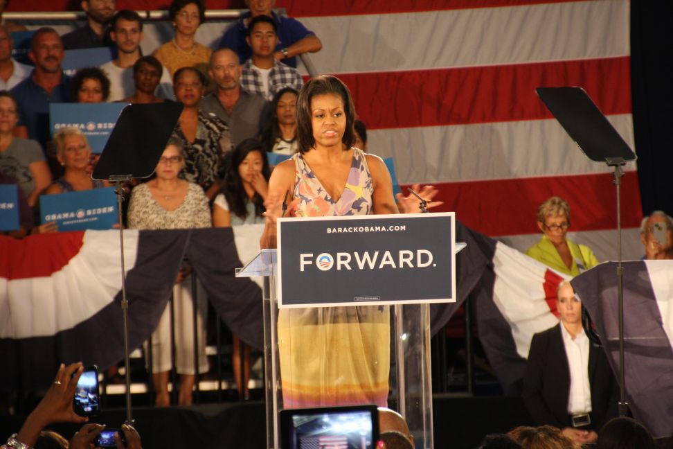 Michelle Obama visited Boca Raton on a hot Wednesday afternoon on Aug. 22 - The crowd, approximately 2,500 strong, loved every minute of the late-afternoon campaign rally, featuring First Lady Michelle Obama, who delivered a positive recounting of her husband’s presidency to date. Photo by Carol Porter.